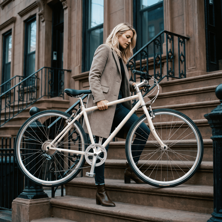 A rider carrying a steel Brooklyn Bicycle Co. bike up the front steps of a Brooklyn brownstone