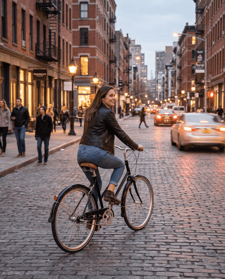 Person riding a Brooklyn Bicycle Co. Franklin 3 step-through bike on a cobblestone city street.