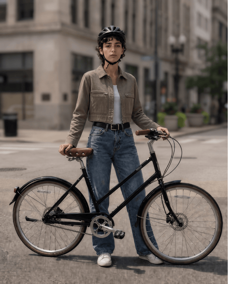 A rider standing with a Willow 8i city bike.